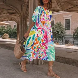 Summer O-neck Short Sleeve Print Midi Dress Women 2023 Loose Casual Boho Long Dresses For Women Robe Femme