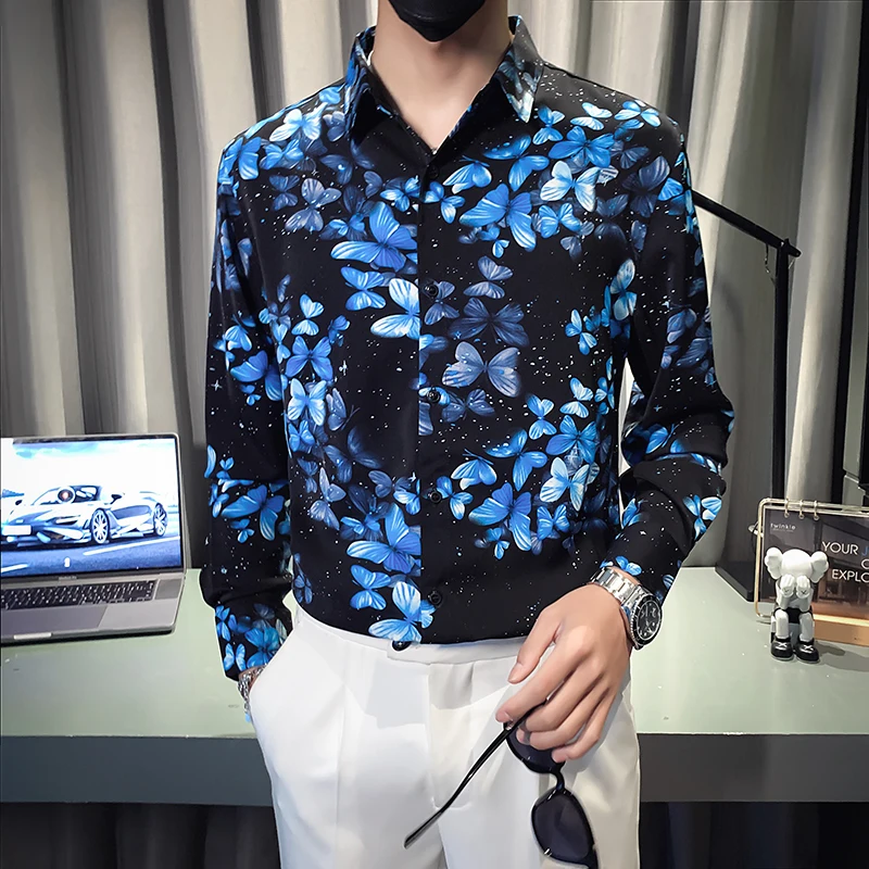 

Fashion Long Sleeved Korean Floral Shirts for Men Elegant Butterfly Flower Men's Shirt Nightclub Prom Social Male Blouse Shirt