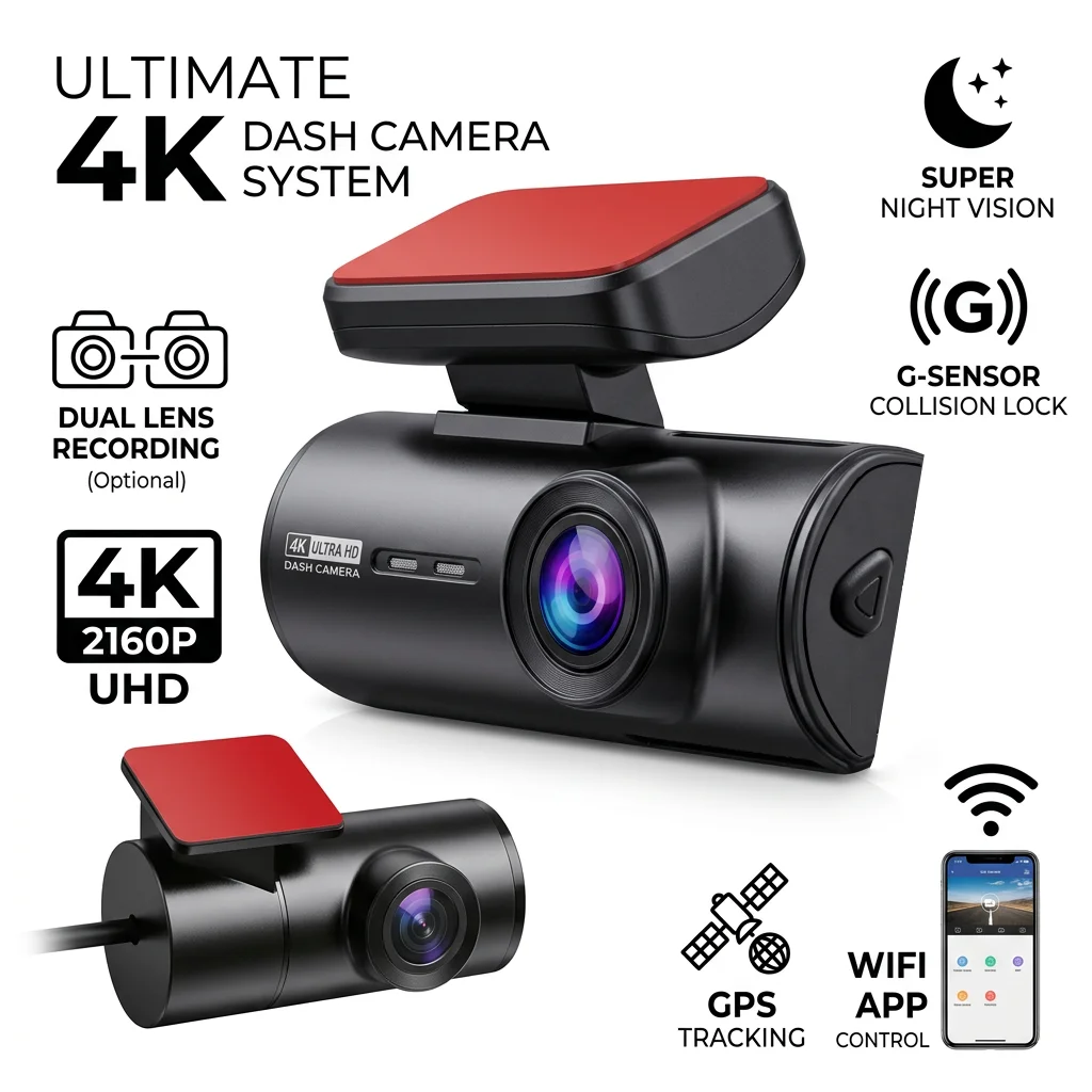 

Видеорегистратор 4K+1080P Ultra HD с Wi-Fi, GPS, двумя камерами, управлением через приложение, ночным видением, G-сенсором и циклической записью