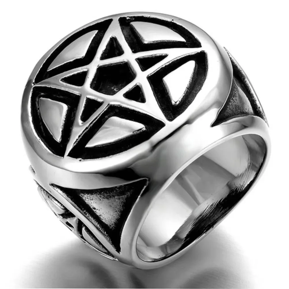 Men\'s Silver color Pentacle Pentagram Star Stainless Steel Biker Ring