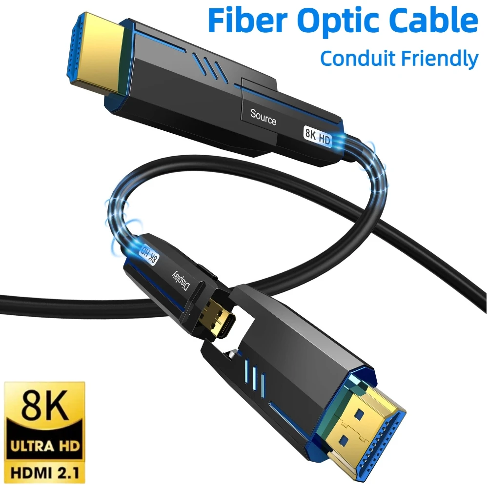 8K@60Hz Micro HDMI to HDMI Fiber Optic Cable with Removable Head 4K@120Hz Tubing-Insulated Fiber Optic Cable