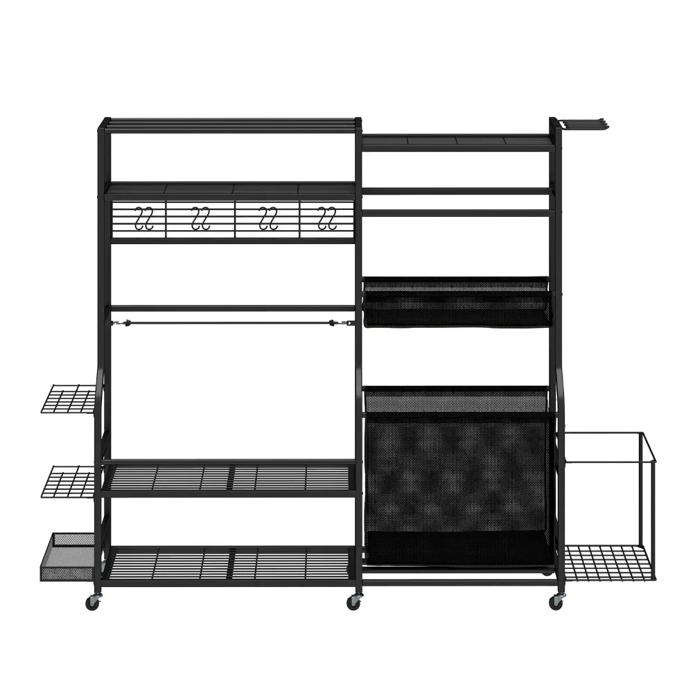 

Portable Golf Bag Sports Equipment Organizer Rack Metal Storage Shelves w/ Hooks