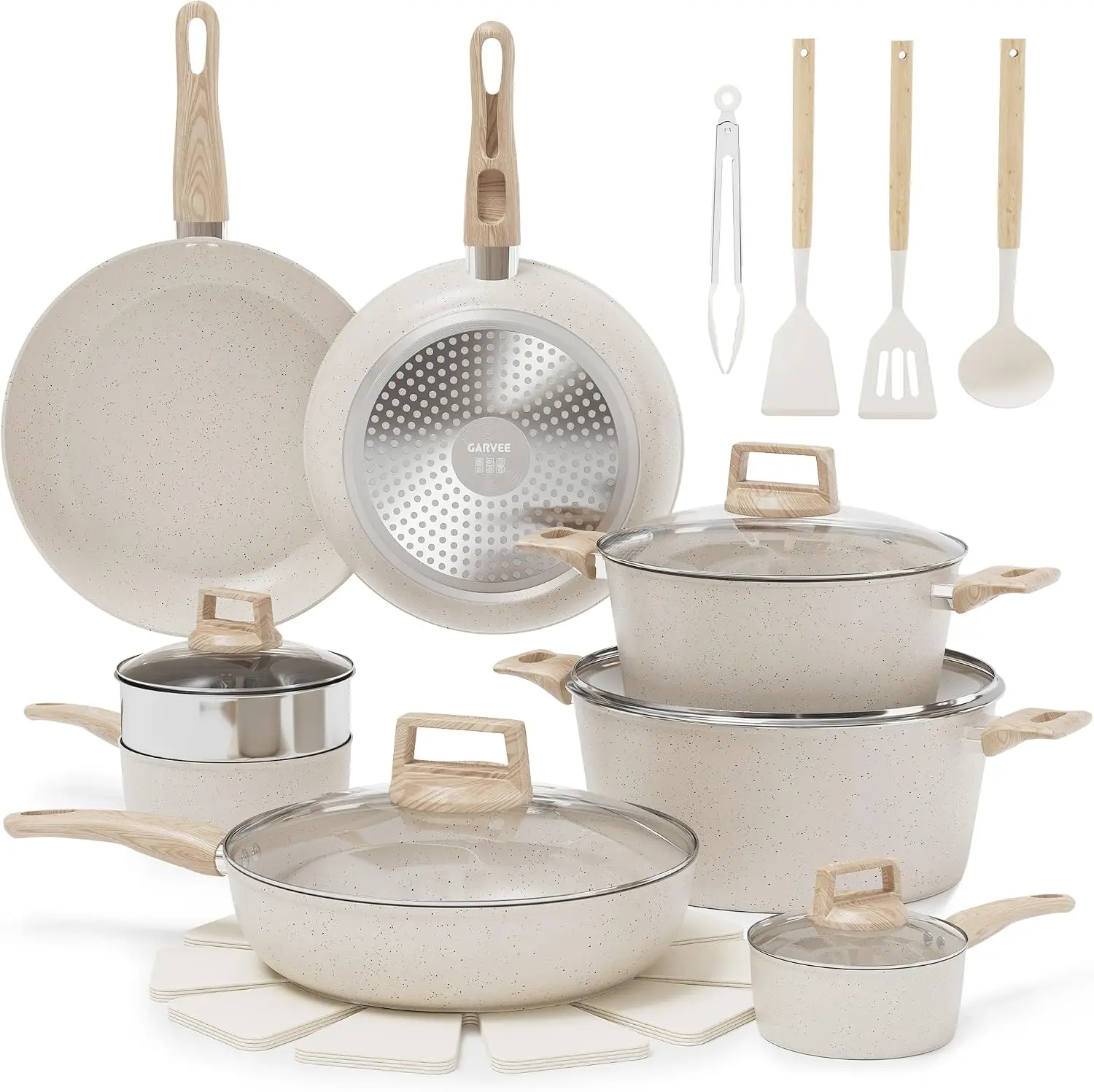 21 Pcs Nonstick Ceramic Pots and Pans Set, Induction Kitchen Cookware Set with Frying Pans, Saucepans, Stockpot, Steamer & Utensils