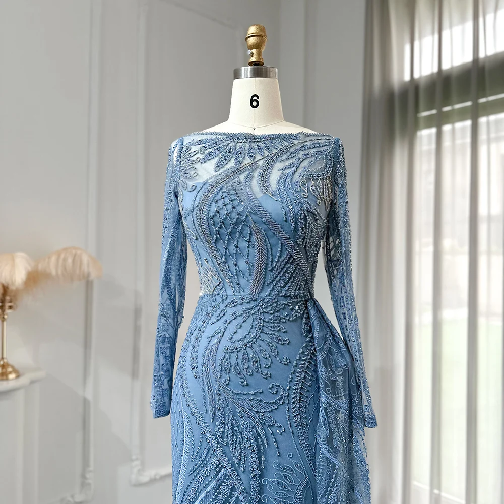 Sharon Said Luxuriöses Blaues Abendkleid mit Boot-Ausschnitt, Langen Ärmeln, Meerjungfrauen-Schnitt, Bodenlang, für Formelle Anlässe und Partys, SS141, Maßanfertigung – Detail 4