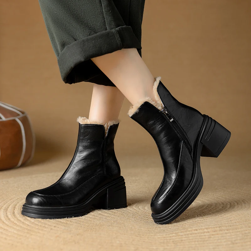 MORAZORA 2025 New Genuine Leather Snow Boots Zipper Round Toe Platform Ankle Boots Faux Wool Thick Fur Warm Winter Booties