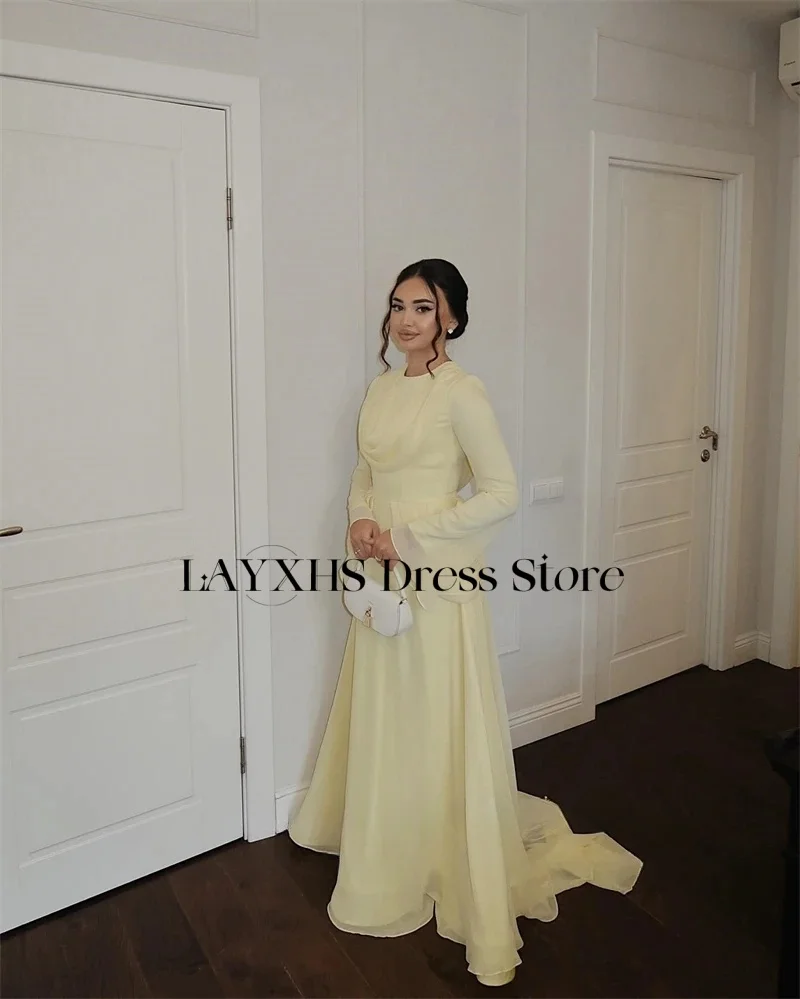 LAYXHS สีเหลืองเรียบง่าย O-คอชุดราตรี A-Line แขนยาวจีบผู้หญิงชุดราตรีที่กําหนดเอง FBسات