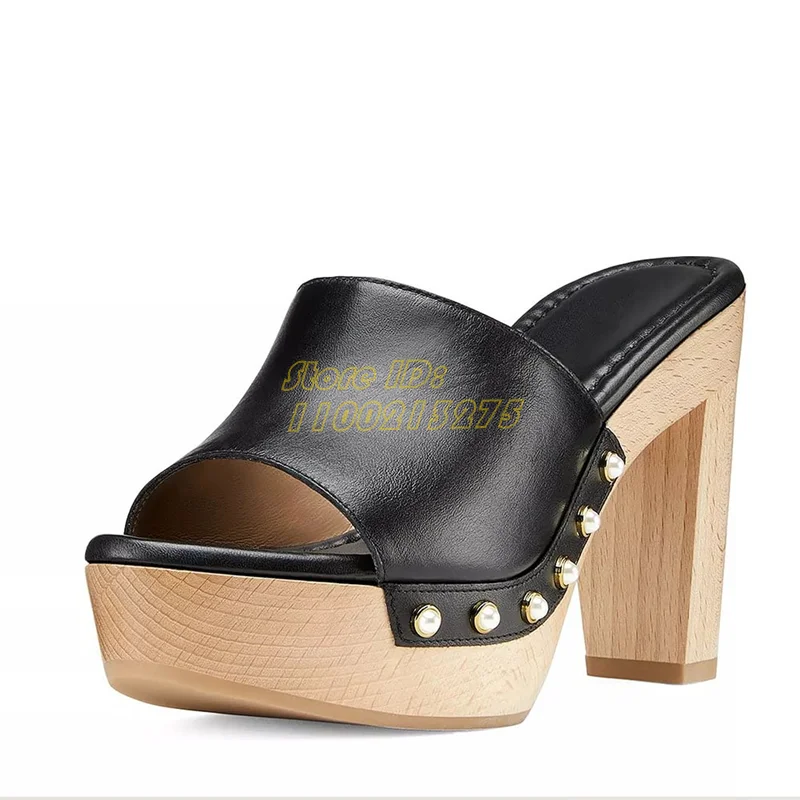 Black Matte Leather Slippers Wooden Platform Block Heel Fashion 2024 Summer Open Toe Slip On Dress Women Sandals