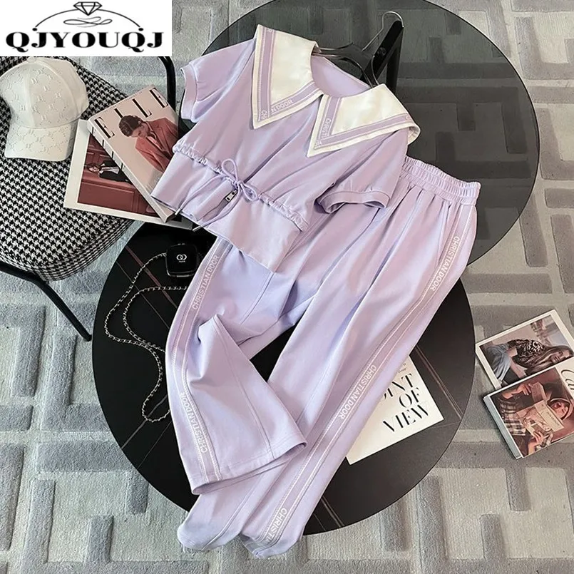 Sports and Leisure Set Women's Summer New Fashion Age Reducing Navy Neck Short Sleeved Wide Leg Pants Two-piece Set