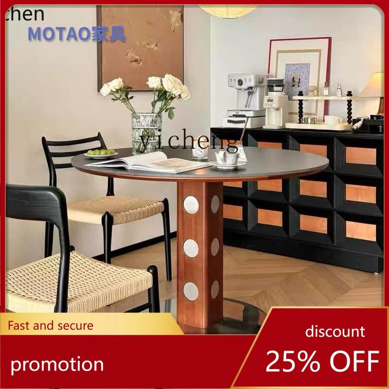 

HXL medieval round table retro metal legs round dining table solid wood rock slab dining table