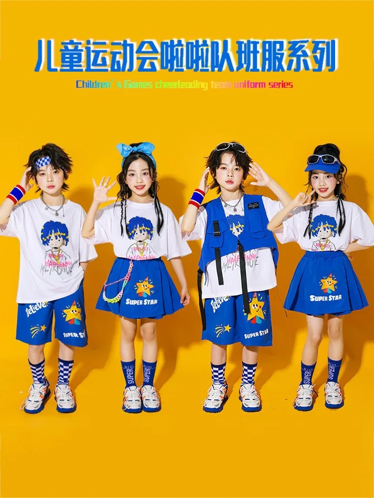 Kids Jazz Dance Clothes Boys Girls Hip Hop Costume Loose Shirt Blue Pants Boys Breaking Street Dance Outfit Short Sleeves Suit