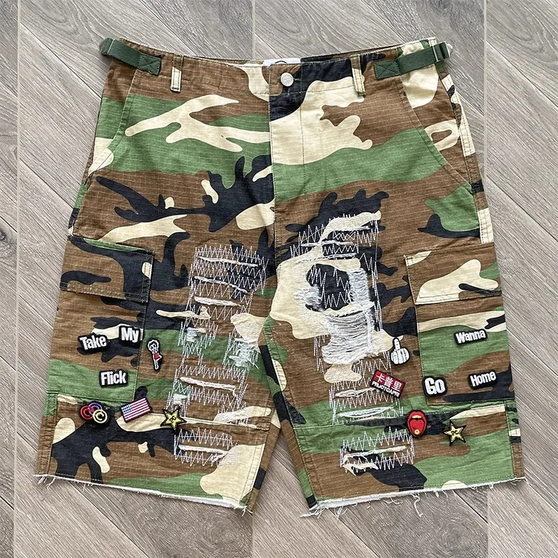 

American Trend Project Capri Shorts High Street Retro Fashionable Camouflage Style Patchwork Pattern Ripped Casual Shorts
