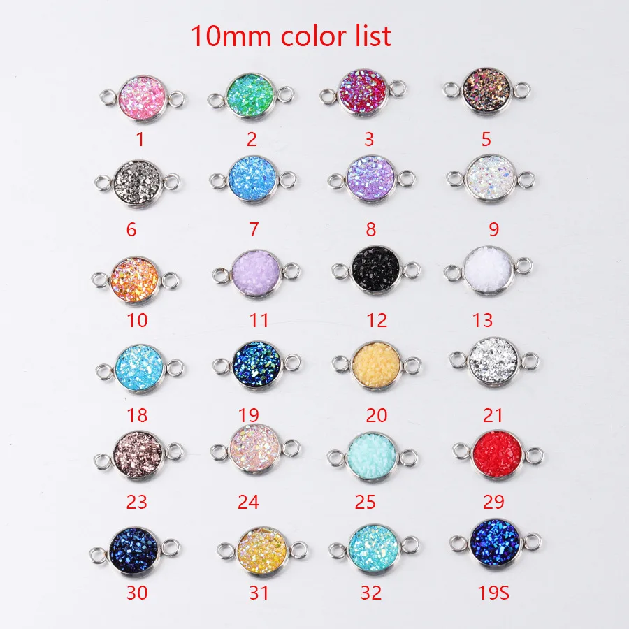 20Pcs/Lot 10mm Stainless Steel Resin Glitter Faux Druzy Charms Connector Colorful DIY Handmade Druzy Crystal Pendant