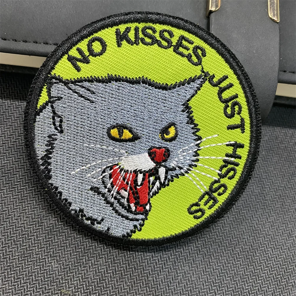 No Kisses Just Hisses Cats Embroidered Patches for Clothing Cat Morale Badge Hook and Loop Armband Backpack Tactical Sticker