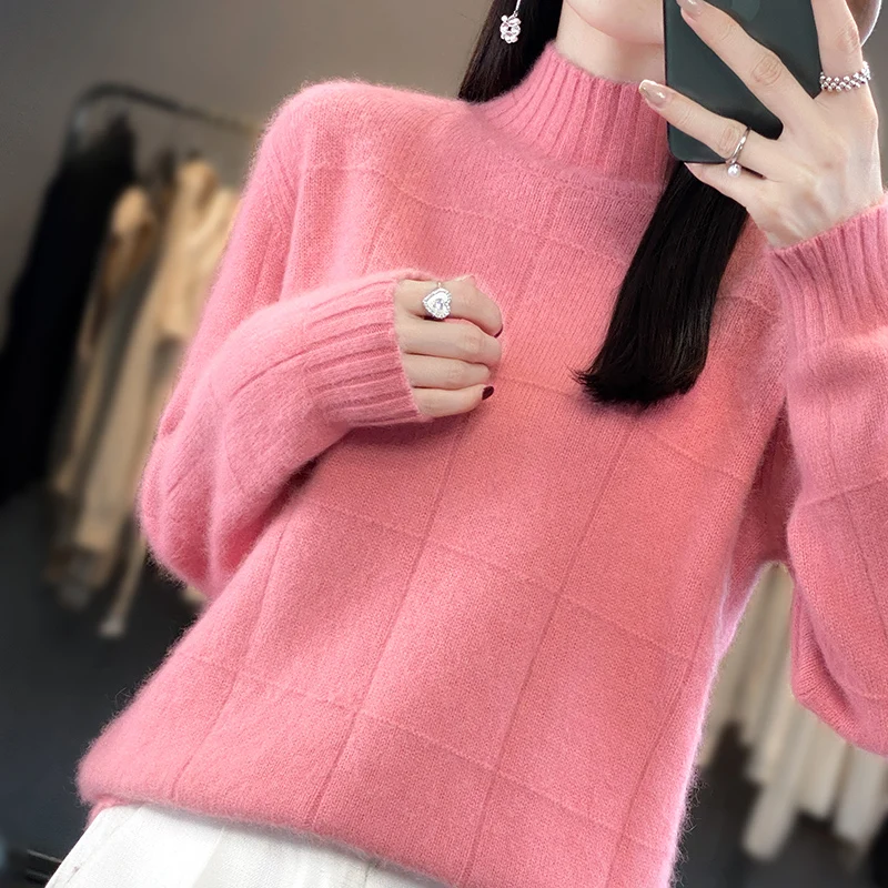 Winter Women\'s Sweater Half High Collar Knit Jumper 100% Mink Cashmere Female High Quality Warm Pullover Lady Long Sleeve Tops