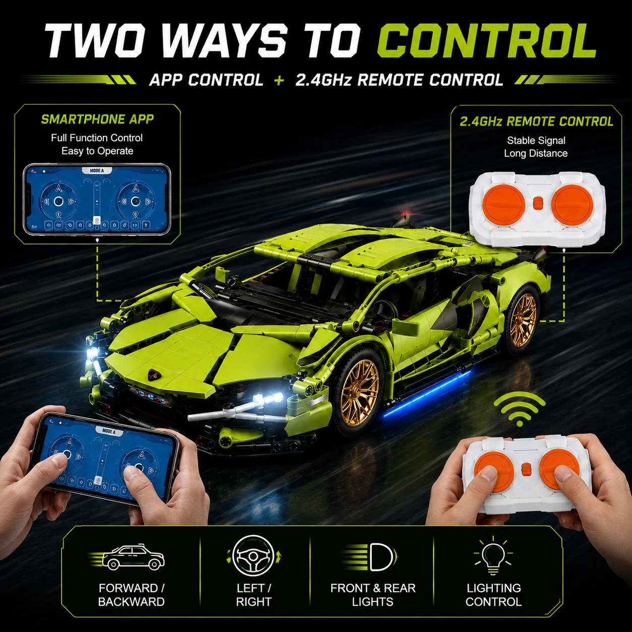 1280PCS 1:14 RC Supercar Building Blocks Dynamic Model Car Remote Control Racing Vehicle with Lights Servo Motor Gift Toy