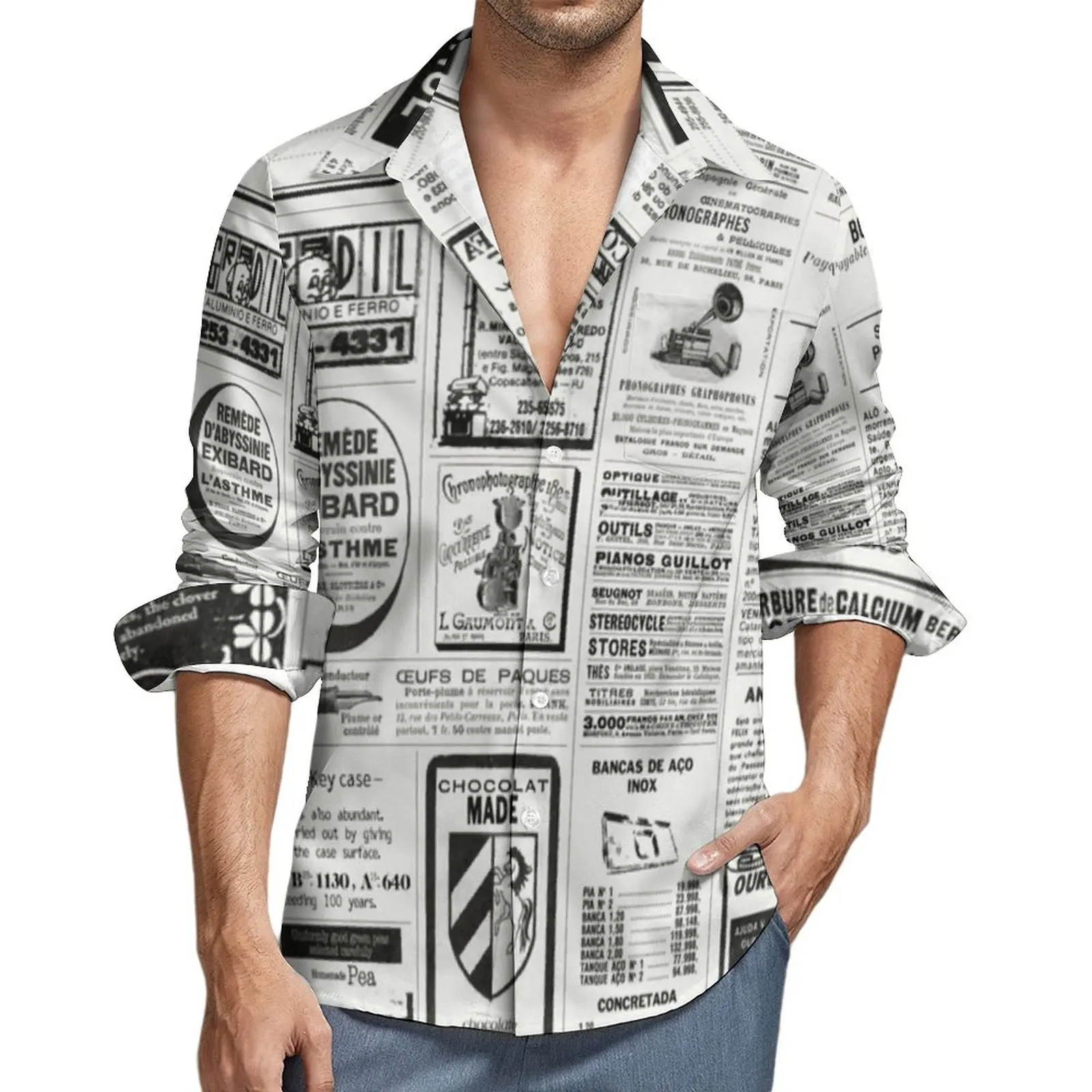 

Old Newspaper Print Shirt Autumn Retro Letter Casual Shirts Mens Trendy Blouse Long Sleeve Custom Comfortable Clothing Plus Size