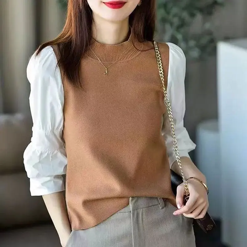 Casual Solid Color Round Neck Blouse Fake Two Pieces 2023 Spring Autumn Vintage 3/4 Sleeve Female Stylish Patchwork Button Shirt