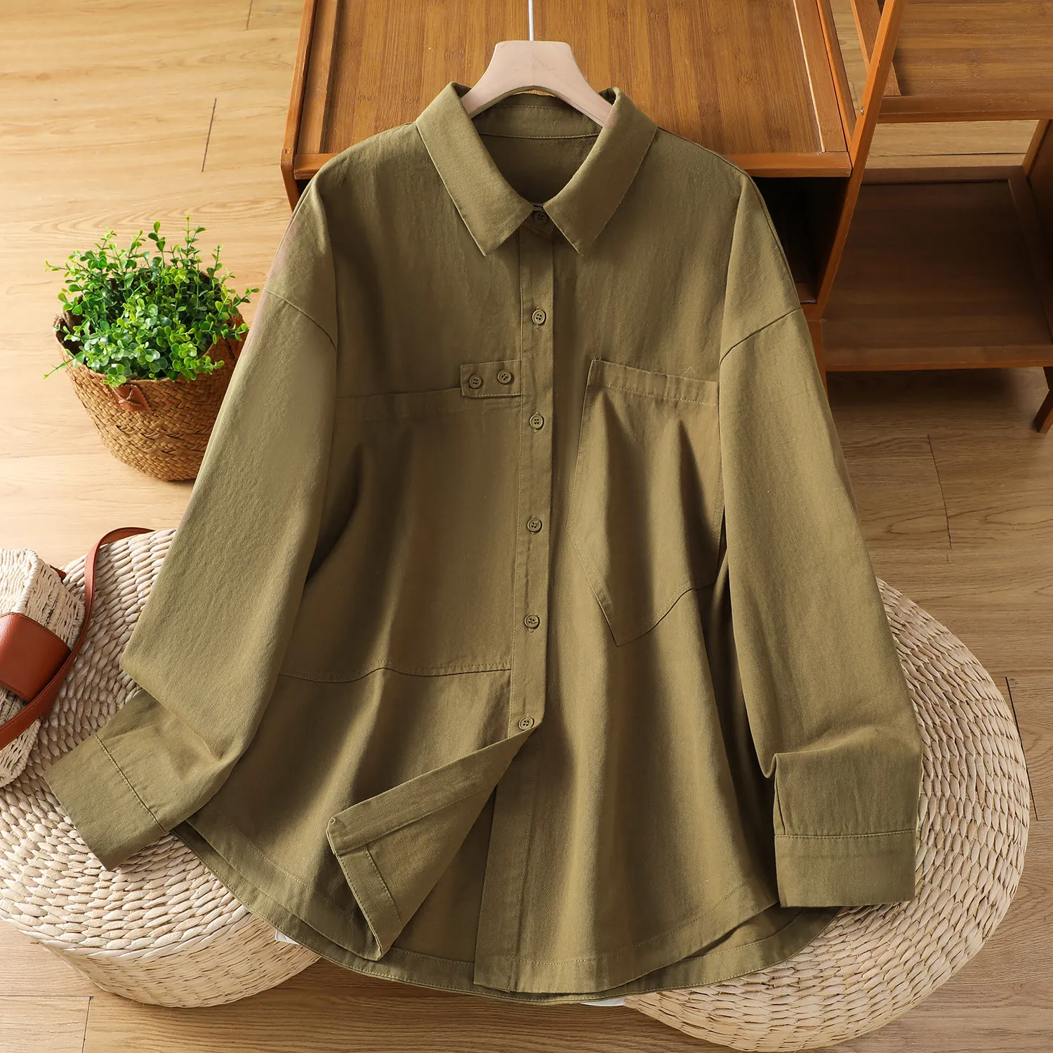 

SuperAen Oversize Solid Color Patchwork Pocket Long-sleeved Shirts Women Spring and Autumn New Elegant Loose Simple Shirts