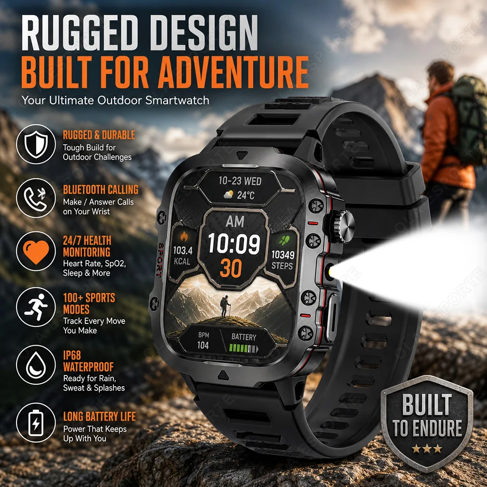 Militär-Smartwatch GPS Herren Taschenlampe Wasserdicht Outdoor-Sport-Tracker HD Bluetooth-Anruf Smartwatch Neu für Android IOS HT30