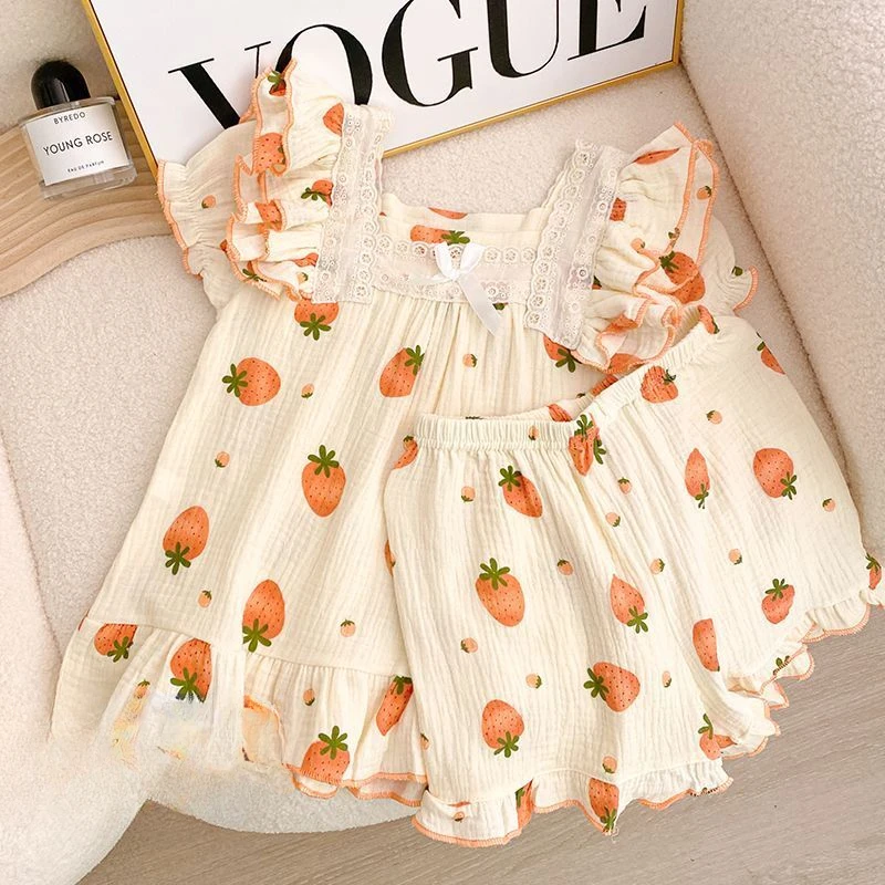 Childrens Pajamas 2024 New Summer Short Sleeved Girls Pure Cotton Thin Princess Style Home Clothing