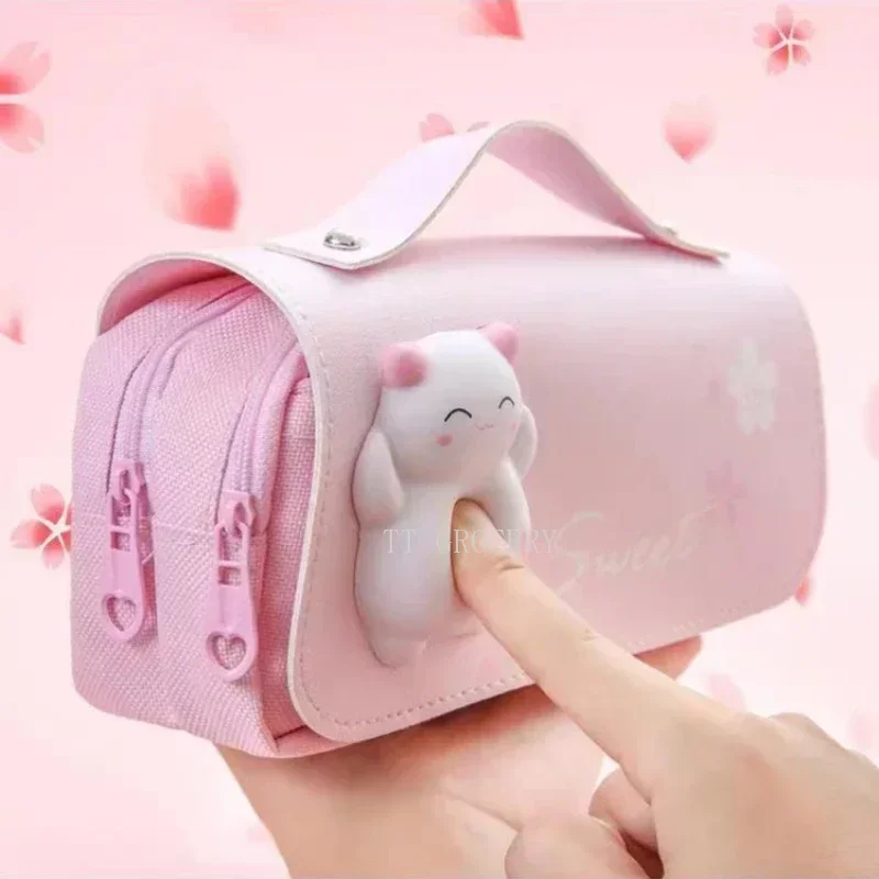 Imagem -02 - Cute Cat Decompression Pencil Case Grande Pencil Box Portable Girls Pen Bolsa Bolsa Escolar de Dupla Camada Papelaria Kawaii