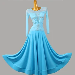 Women's Ballroom Dresses Long Sleeve Waltz Dress Women Rhinestone Show Dance Competition Costume Sky Blue Modern Luxury Stage