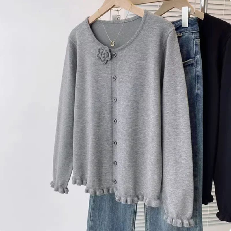 All Match Fashion Floral Round Neck Knitted Sweater for Women's Autumn and Winter Fashion with Fungus Edge Top