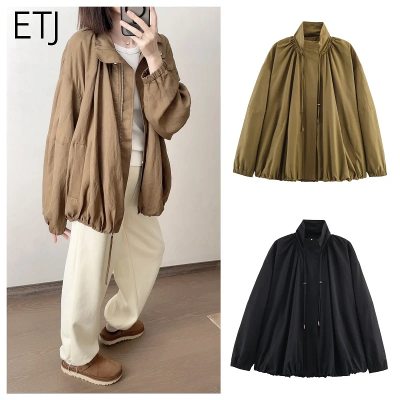 

ETJ 2025 autumn new women's style elegant lightweight bomber jacket jacket lazy style loose casual standing collar jacket