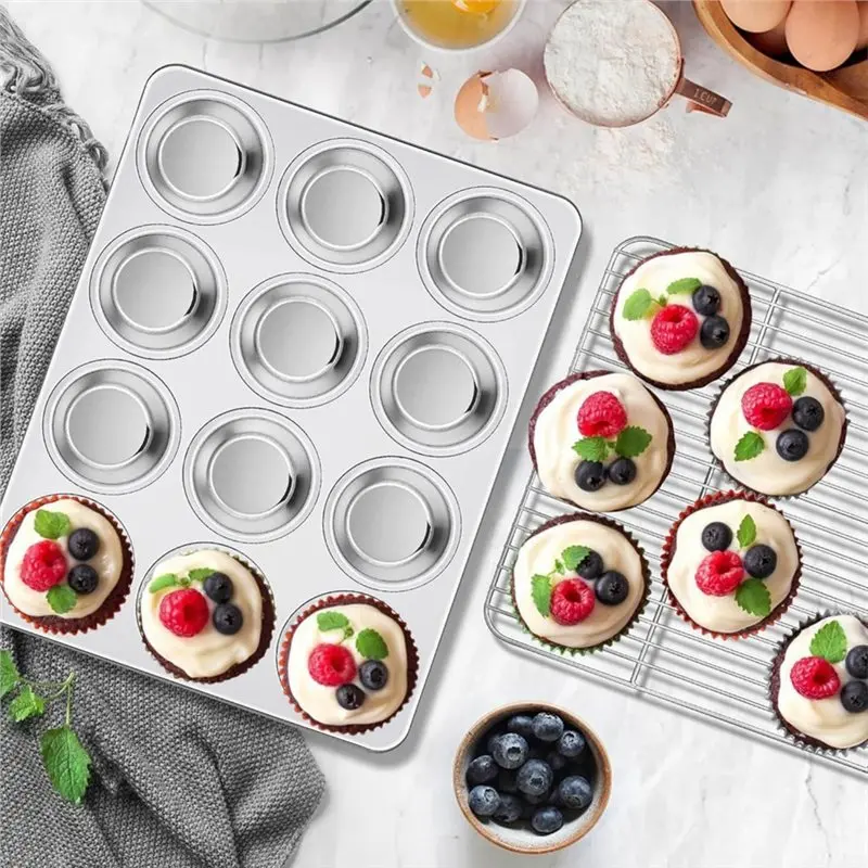 ABXF-Muffin Pan With 12 Cups Stainless Steel Cupcake Tin, Nonstick Metal Egg Bites Tray 13.8