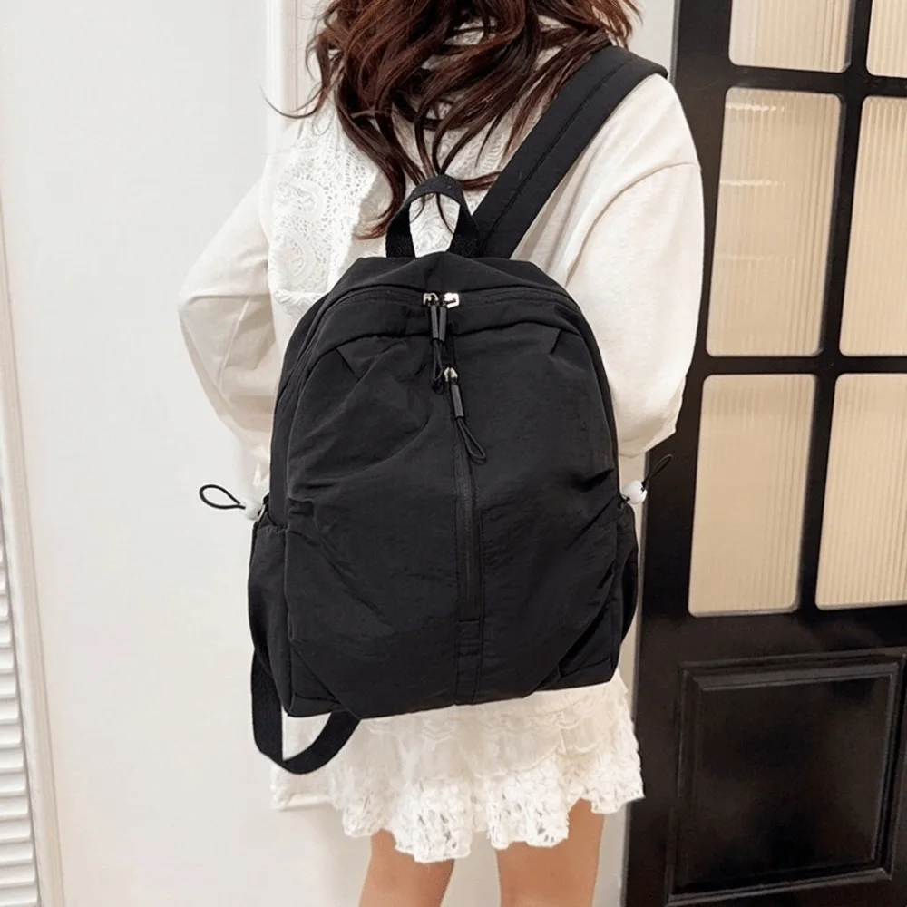 Sweet Pleated Nylon Backpack Solid Color Large Capacity Rucksack Durable Lightweight Student School Bag Men