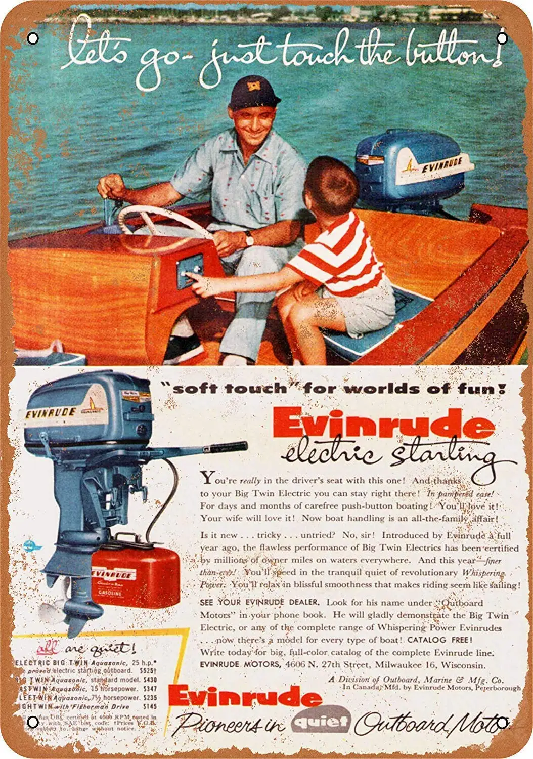 Isaric Tin Sign 1955 Evinrude Outboard Motors - Vintage Metal Sign 8 x 12 Inches