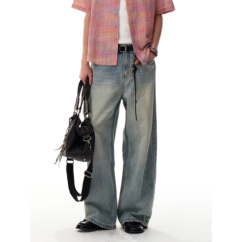 Man Straight-leg Pant New American Washed Gradient Color Male Trousers Vintage Loose Casual Mid Waist Men Denim Pant