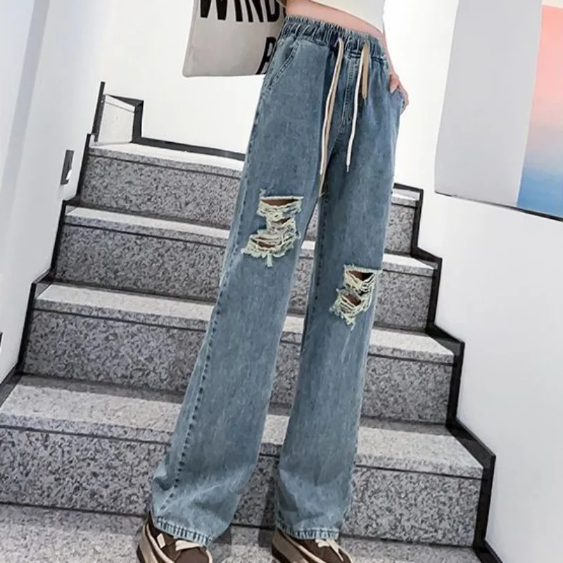 

High Waisted Elastic Waist Jeans Women's Spring Autumn New Straight Leg Sweatpants Loose Retro Fashion Distressed Pantalones