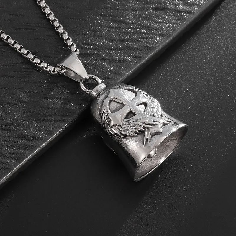New Vintage Cross Wings Angel Guardian Bell Motorcycle Necklace for Men Fashion Charm Bell Pendant Rider Jewelry Gift