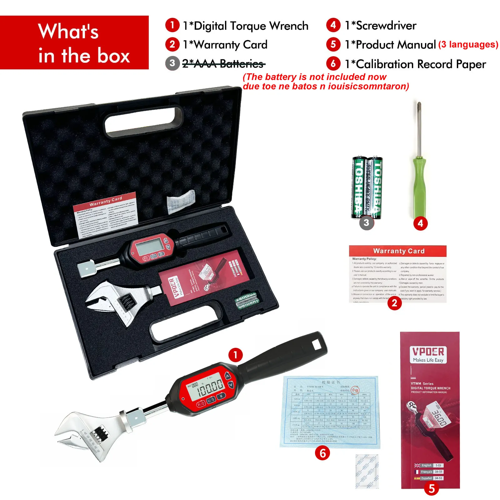 Adjustable 3-100 Nm  Digital Torque Wrench Spanner Head Electronic Jaw Open End Torque with Buzzer & LED, Calibrated