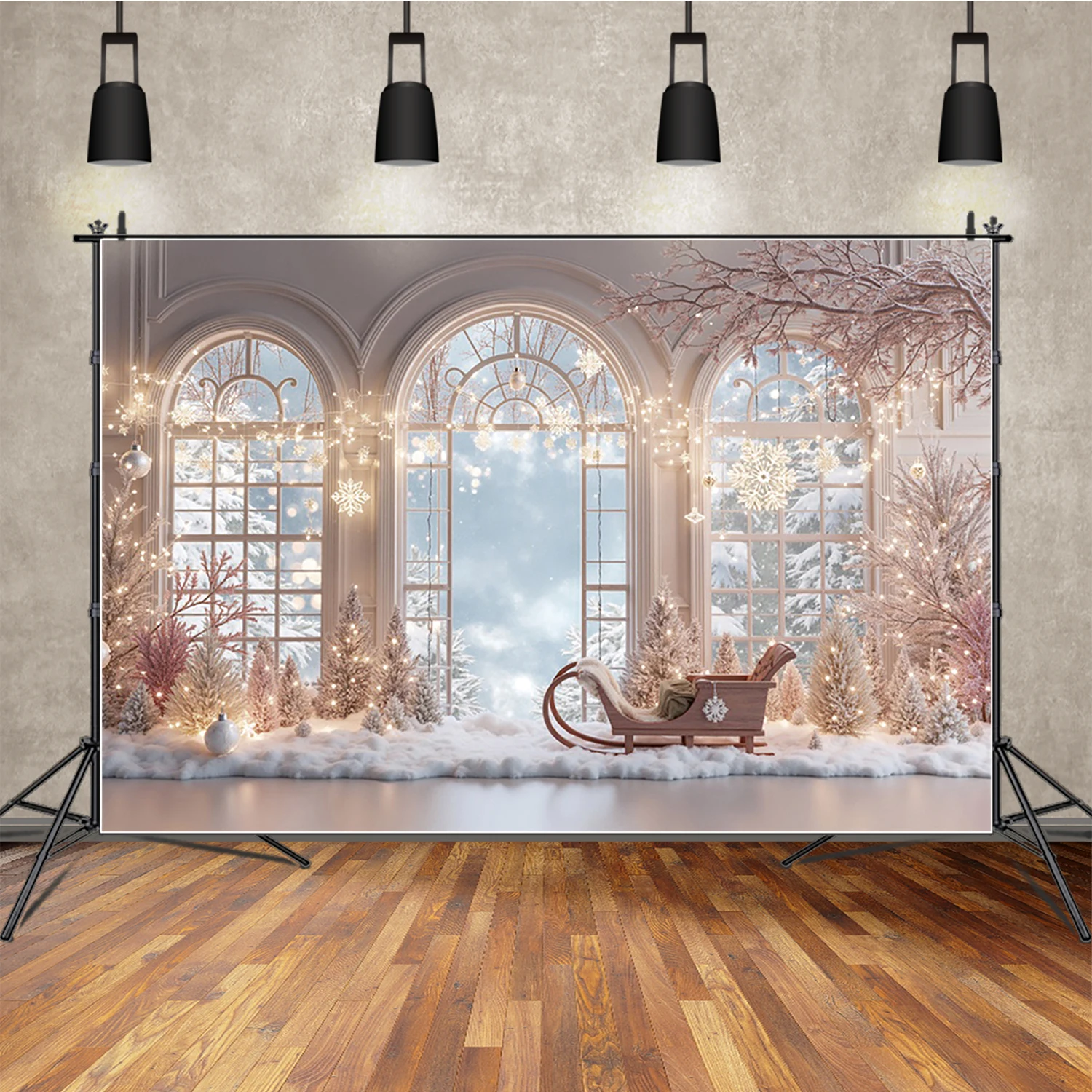 

MOON.QG Dreamy Room Christmas Backdrop Arch Glitter Light Pink Window Backgrounds For Photographs Shooting Props Photo Portrait