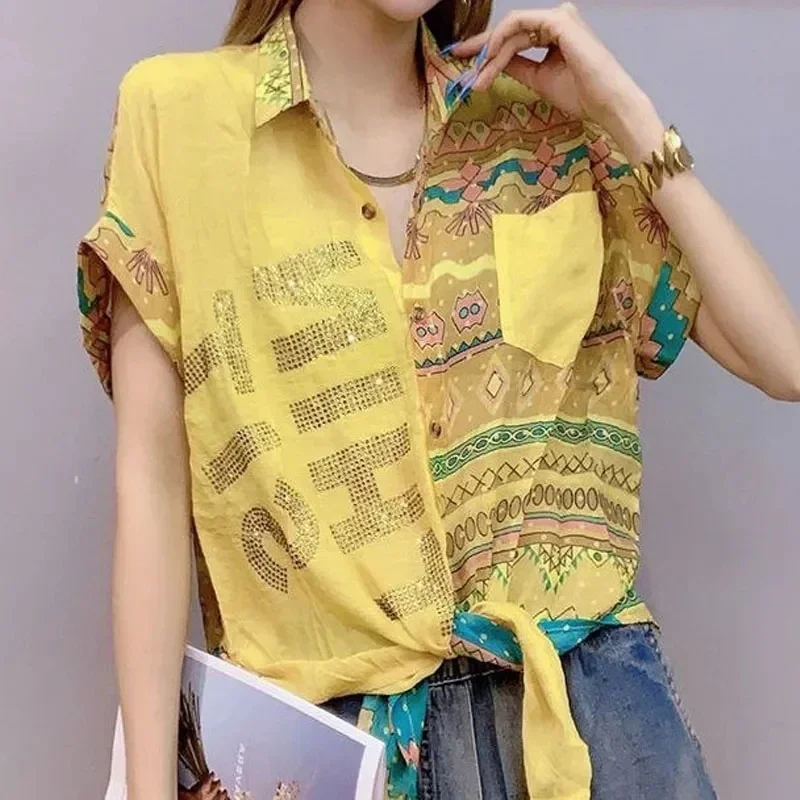 Pop Pop Woman Short Sleeve Print Blouse Vintage Casual All-match Stylish Elegant Diamonds Spliced Button Shirt Summer Women's Cl