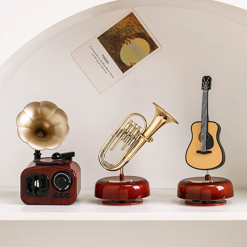 Creative Retro Phonograph Cello Ukulele Office Living Room Ornaments Home Decor Desktop Music Box Nostalgic Decoration Crafts