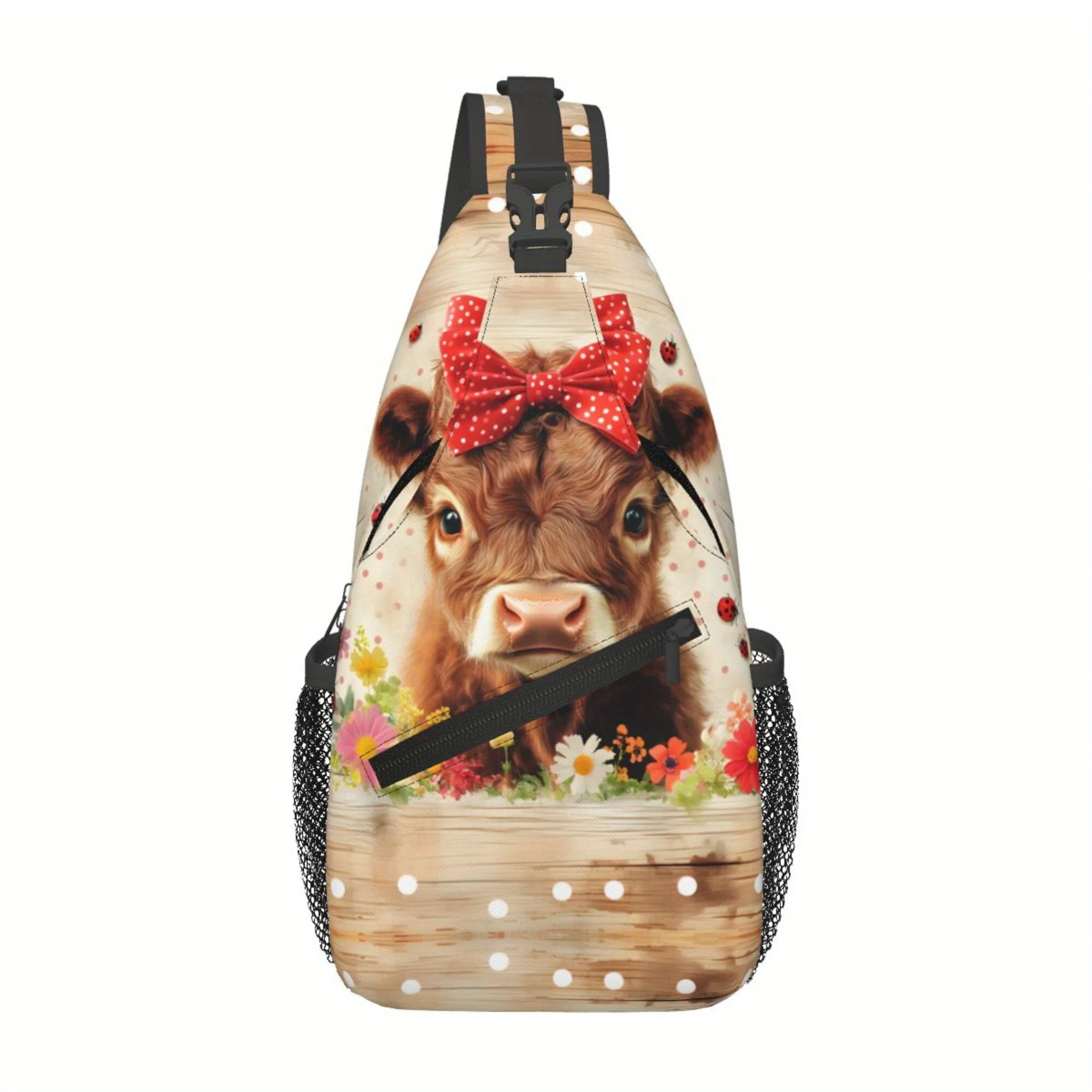 Highland Cow Crossbody Bag with Ladybugs Flowers Multi-Functional Shoulder Bag for Travel Hiking Holiday Gift Travel Sling Bag