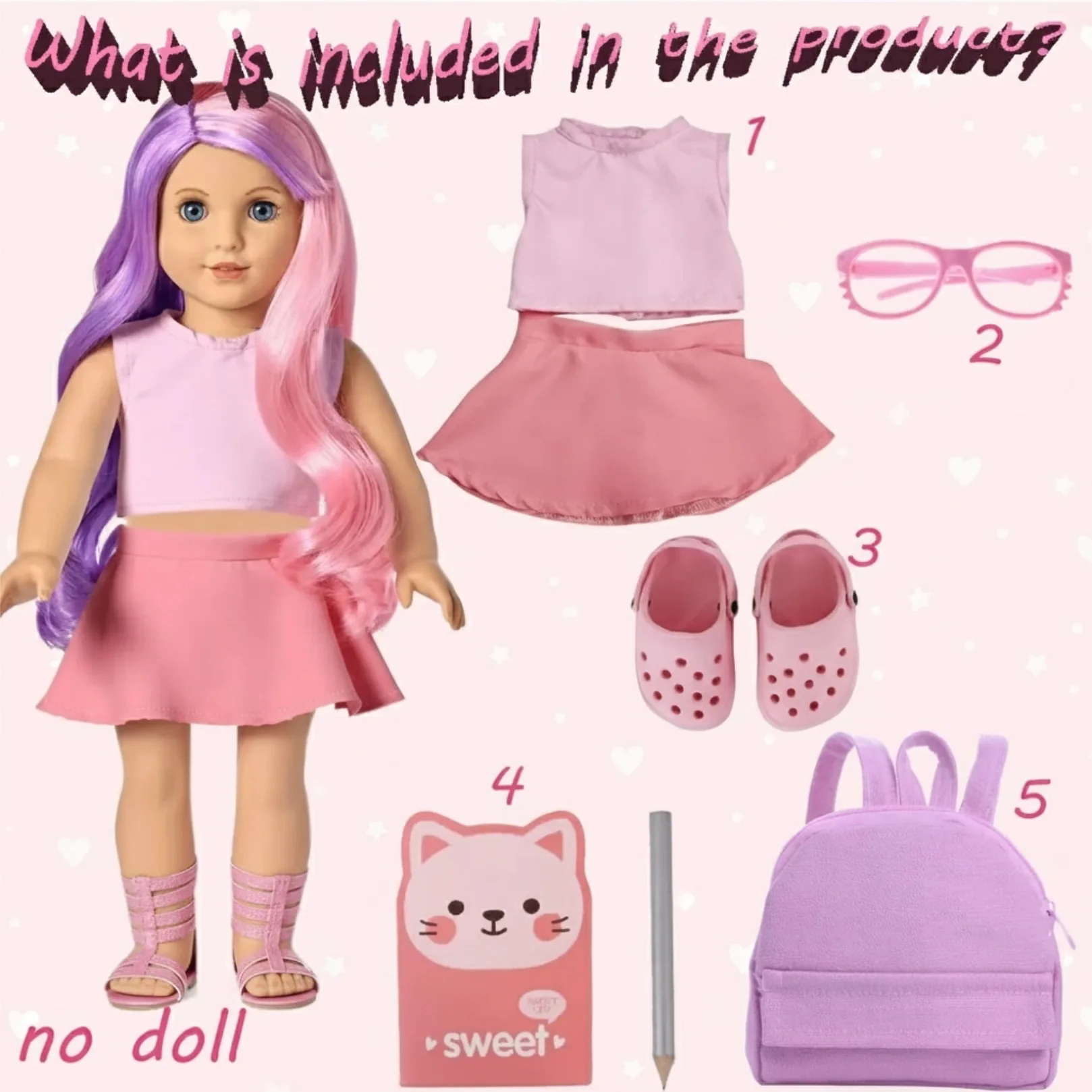 Baby Clothes 5Pcs Set Skirt Glasses Book Sandal Backpack,Cute Dress For 18Inch American Doll&43CM Baby Doll,Festival Gifts