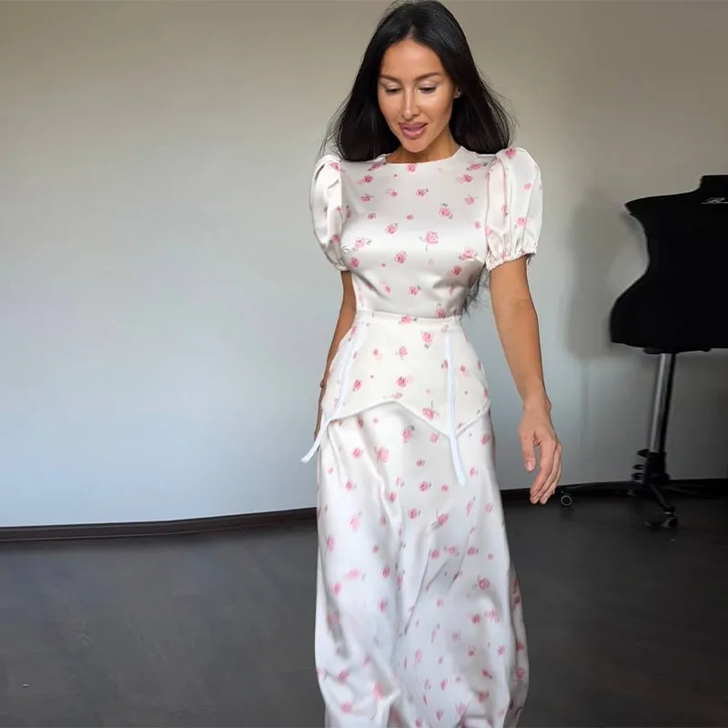 

Women's Luxury Rose Print Satin Maxi Dress Summer Elegant Puff Sleeve Peplum Waist Long Dress Casual Party Wedding Guest Gown