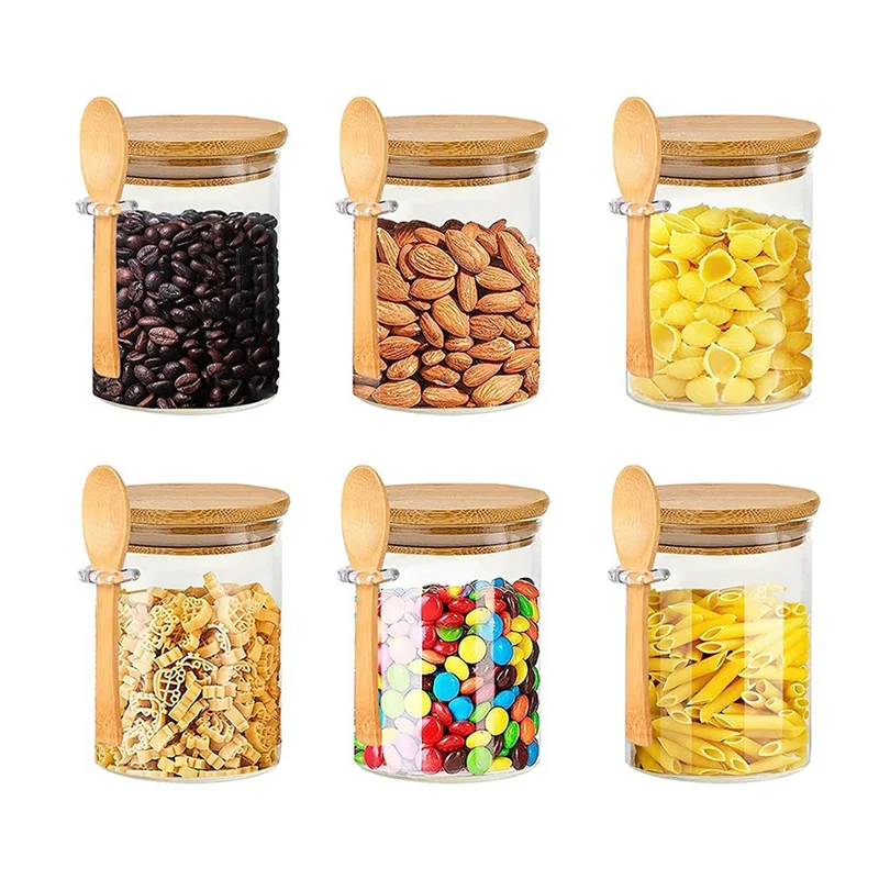 Glass Jars with Bamboo Lid & Spoons, Glass Jar with Airtight Lid, 15 Oz/450ML Glass Food Storage Containers 13Pcs