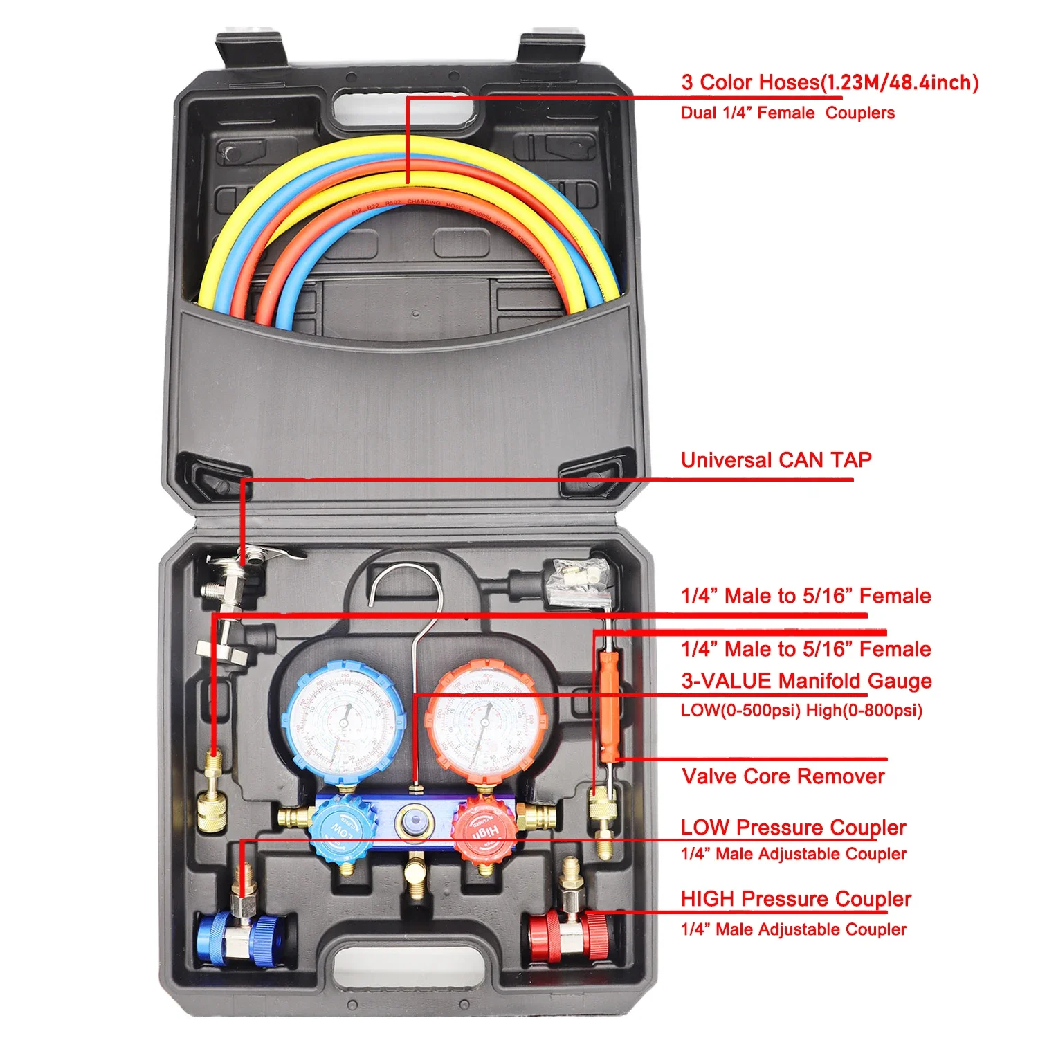 Refrigerant Pressure Gauge & Manifold Hose Kit designed for R134A and R22 air conditioning refrigerant automotive applications