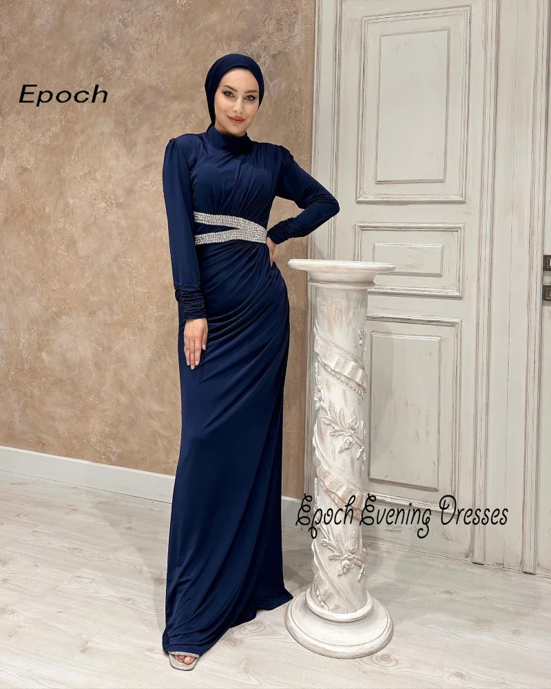 Epoch Long Prom Dress فساتين السهرة O-Neck Elegant Crystal Belt Muslim Cocktail Party Gown For Sexy Women 2024