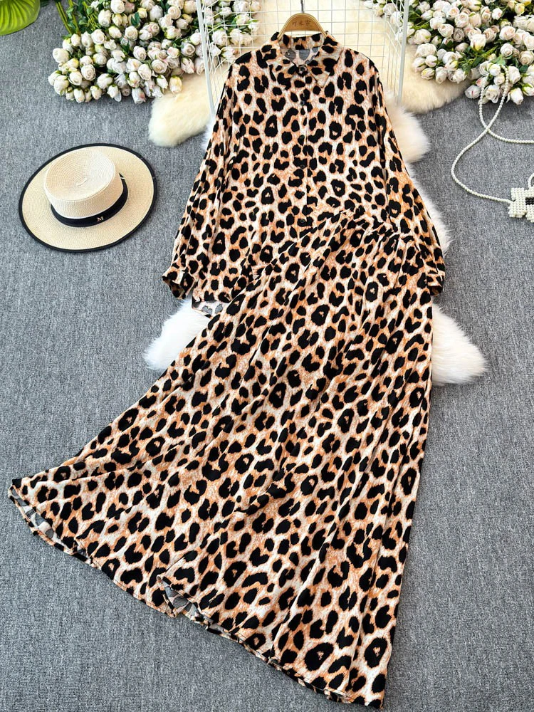 

Fashionable Women's Retro Leopard Print Long Sleeve Shirt And High Waist A-Line Skirt Two-Piece Set for Autumn