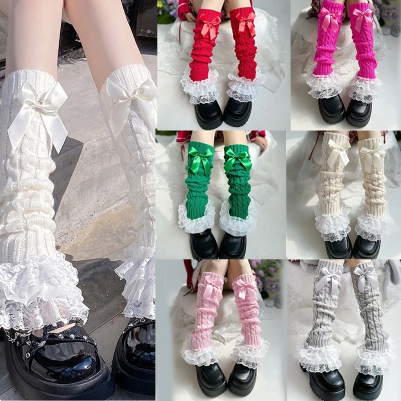 Women Cable Knit Leg Warmers Japanese Tiered Ruffled Lace Bowknot Foot Covers