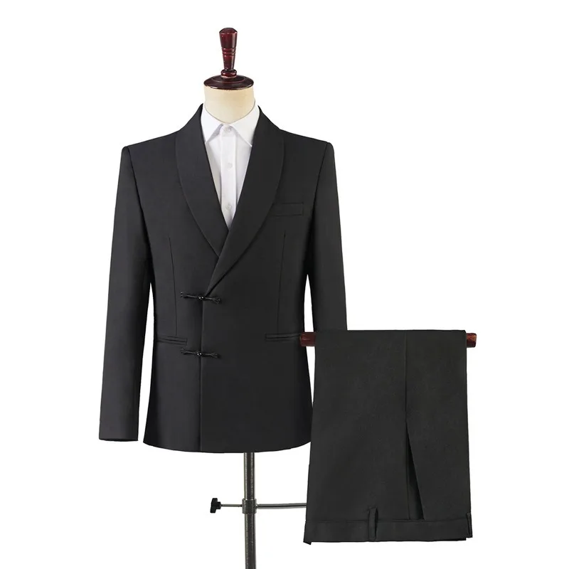 

Мужской костюм, китайские костюмы с пряжкой, воротник с лацканами, черное свадебное платье, костюмы в стиле шинуазри, костюм для выращивания