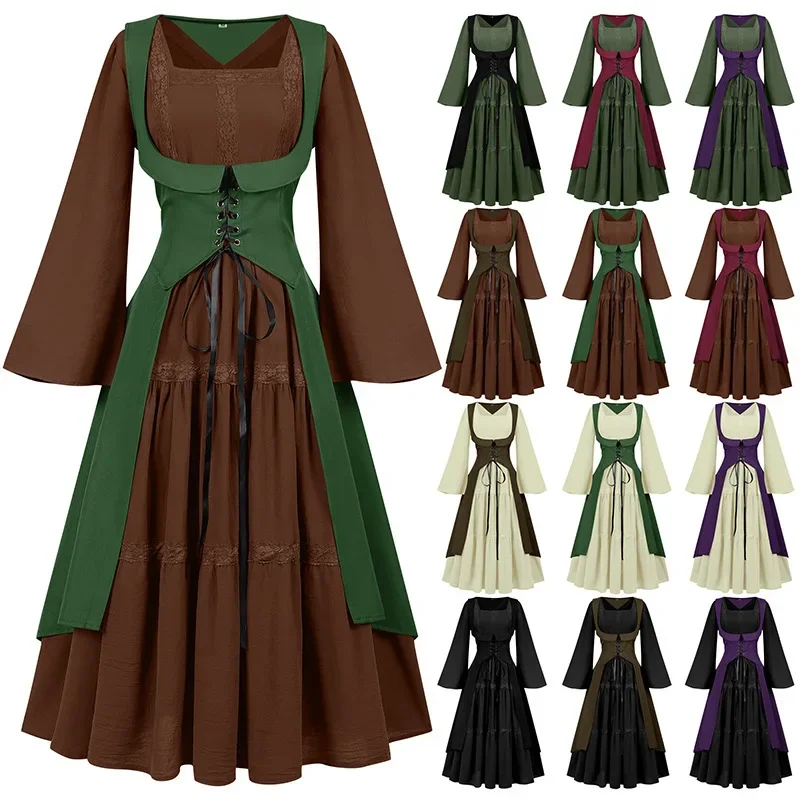 Средневековый женский жилет на шнуровке в стиле Ренессанс, платье с неровным подолом, без рукавов, с U-образным вырезом, готический пиратский костюм для косплея Средневековый женский жилет на шнуровке в стиле Ренессанс, платье с неровным подолом, без рукавов, с U-образным вырезом, готический пиратский костюм для косплея