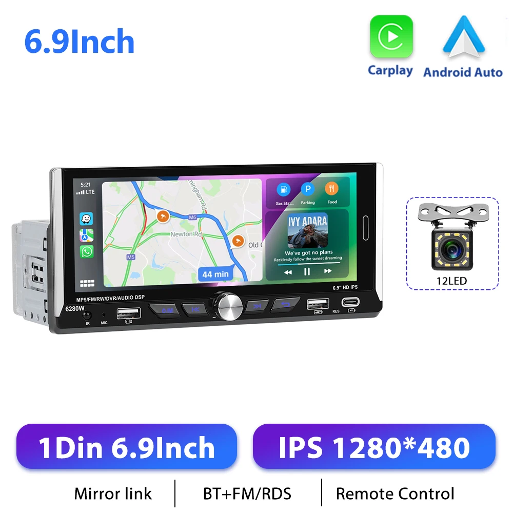 Podofo 1din Draadloze CarPlay Android Auto Radio 6.9 "Universeel 1DIN Auto Intelligent Systeem GPS Stereo Dashboard Head Unit RDS
