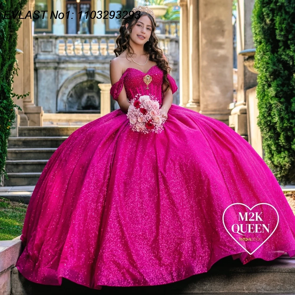 

EVLAST Customized Sparkly Pink Ball Gown Quinceanera Dress Shiny Applique Beading Corset Sweet 16 Vestidos De 15 Anos E1QN309